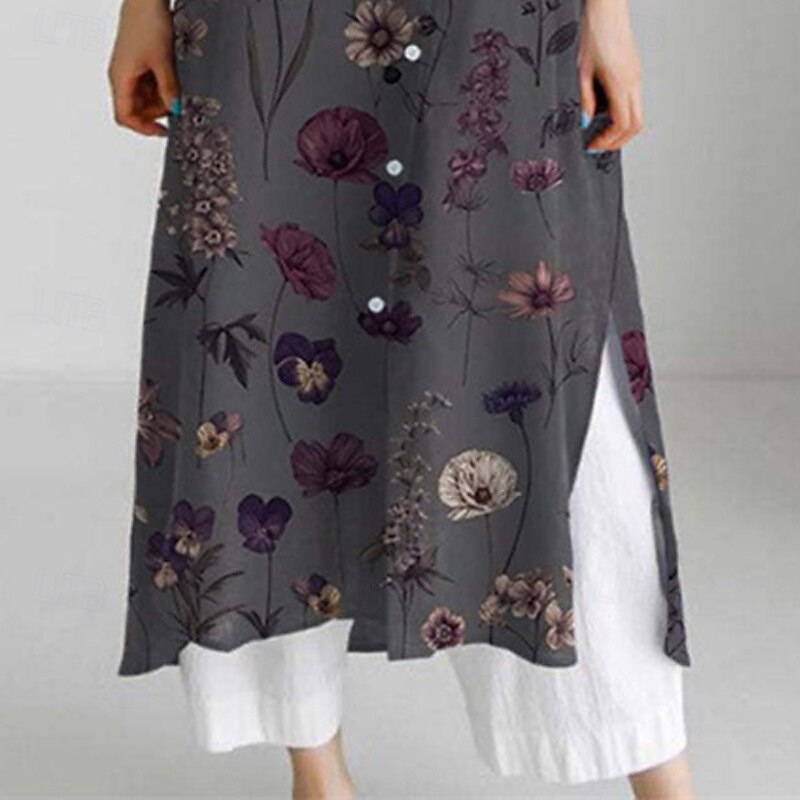 Women's Long Dress Maxi Dress Shirt Dress Casual Dress Print Dress Fashion Modern Daily Weekend Regular Fit Flower Long Sleeve Shirt Collar Dark Gray Spring Fall3