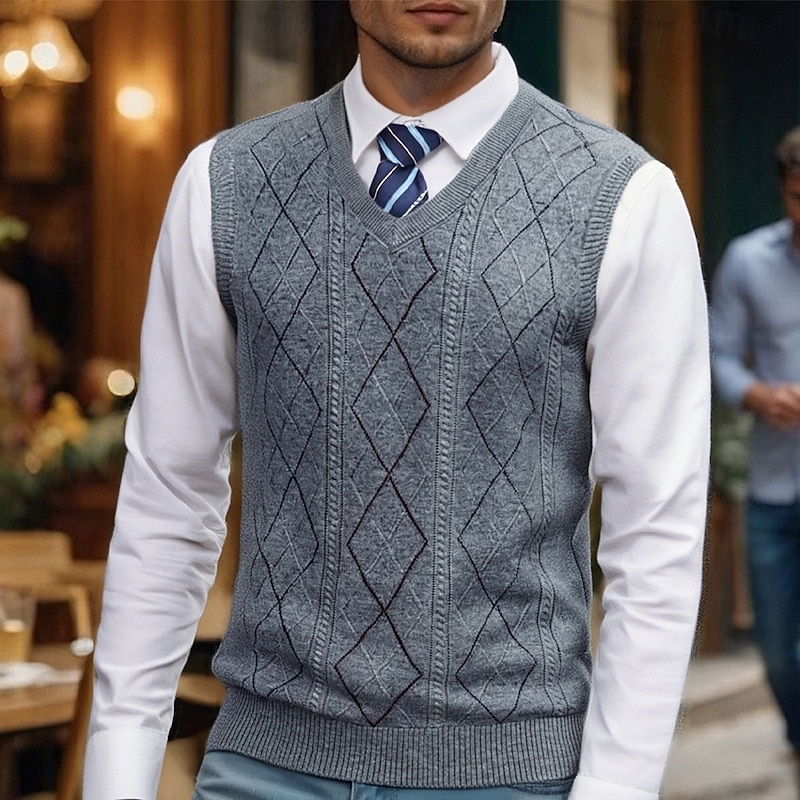 Men's Sweater Vest Dress Sweater Pullover Sweater Jumper Vest Knit Sweater Ribbed Knit Regular Tops Knitted Argyle V Neck Fashion Casual Vacation Daily Wear Clothing Apparel Fall Winter Camel Dark