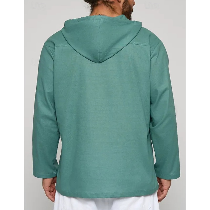 Men's Shirt Linen Shirt Popover Shirt Summer Shirt Beach Wear Hooded Shirt Solid Color Vacation Street White Light Green Blue Green Long Sleeve Hooded Summer Spring Clothing Apparel4