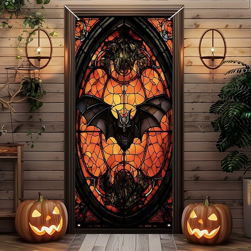 Halloween Door Cover Outdoor Banners Pumpkin Bat 3D Psychedelic Dark Punk Gothic Style Party Outdoor Shooting Backgrounds Front Door Wall Porch Home Decor3