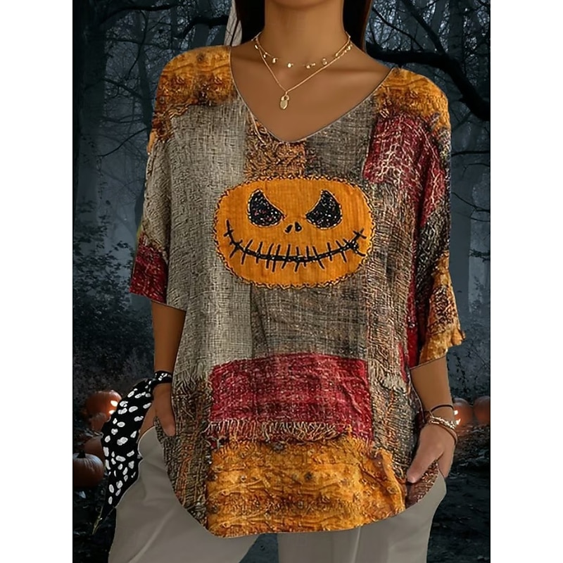 Halloween Women's Boho T-shirt Graphic Animal Cat Elegant Bohemia Vintage Half Sleeve V Neck Regular Tops Daily Going out Weekend Black Pink Purple Orange Brown Summer Spring Fall3