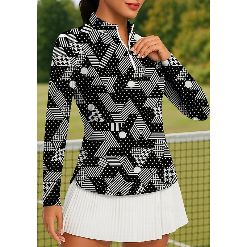 Women's Geometric Tops Golf Polo Shirt Tennis Shirt Tennis Tee Long Sleeve Print Quarter Zip Pullover UV Protection Elastic Breathable Tennis Golf Pickleball High Neck Zip Collar Shirt Polo Black3