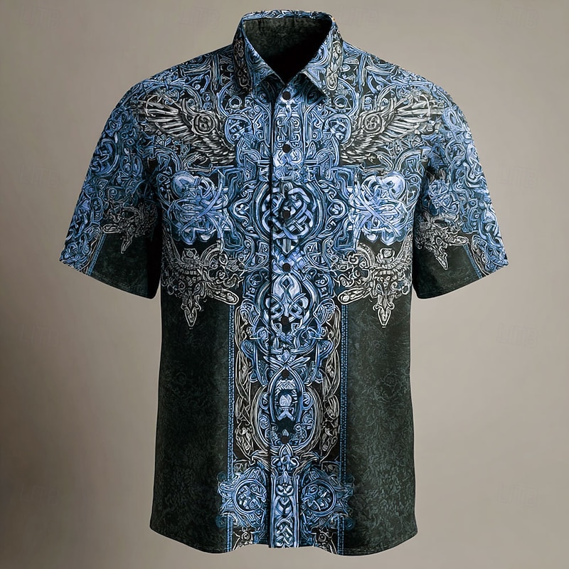 Men's Celtic Cross Shirt Summer Shirt Button Up Shirt Short Sleeve Vintage Retro Dailywear Holiday Summer Spring Turndown 3D Print Collared Shirts Front One Pocket Blue Brown Green Rose Red2