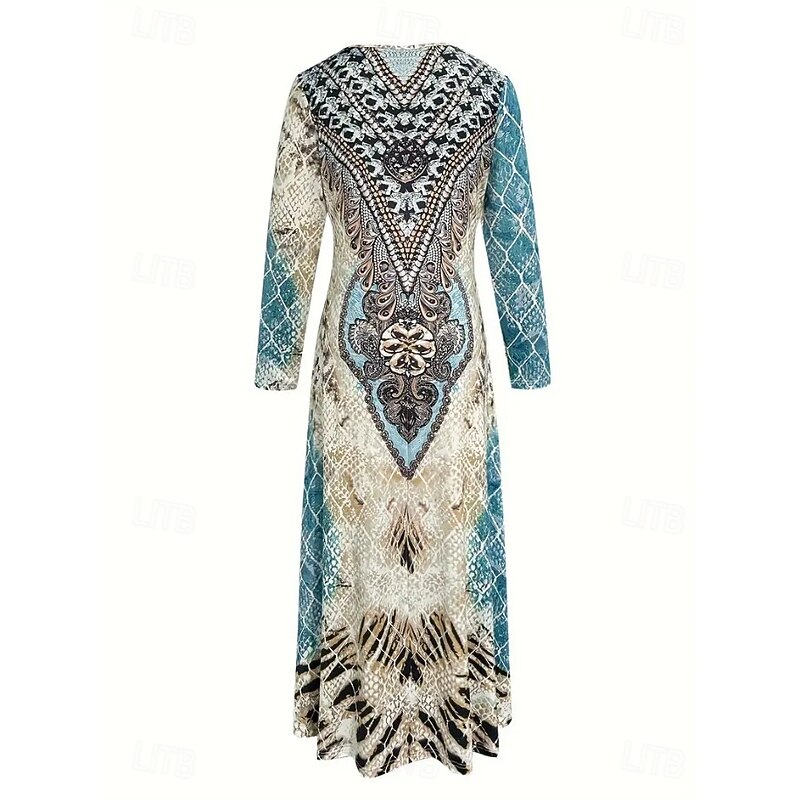 Women's Maxi Dress A Line Dress Summer Dress Vacation Casual Beach Daily Regular Fit Graphic Geometric Paisley Long Sleeve Crew Neck Deep Green Gray Pink Black Pink Summer Spring Fall Winter3