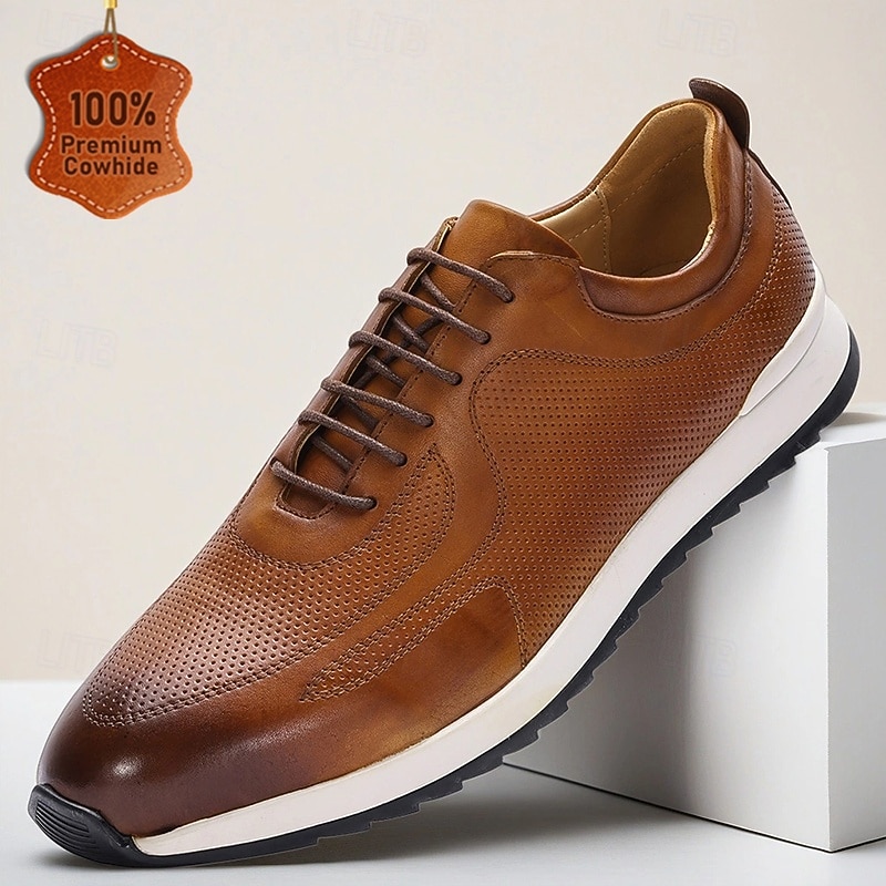 Men's Brown Leather Casual Sneakers – Lightweight Lace-Up Sport Shoes for Daily Wear, Travel and Weekend Outings