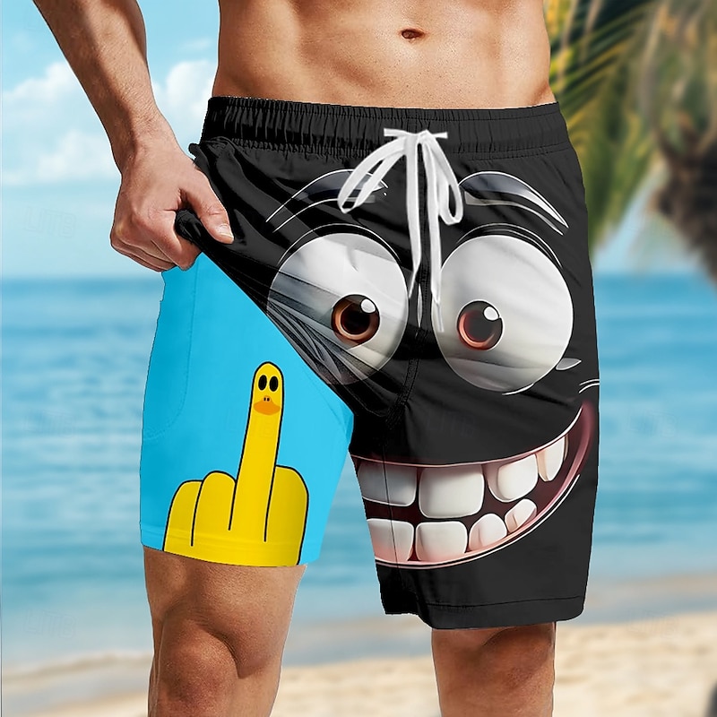 Men's 3D Cartoon Funny Duck Lined Shorts 2 in 1 Board Shorts Swim Shorts Mid Waist Hawaiian Holiday Side Pockets With Compression Liner Elastic Drawstring Waist Designer Clothing Apparel