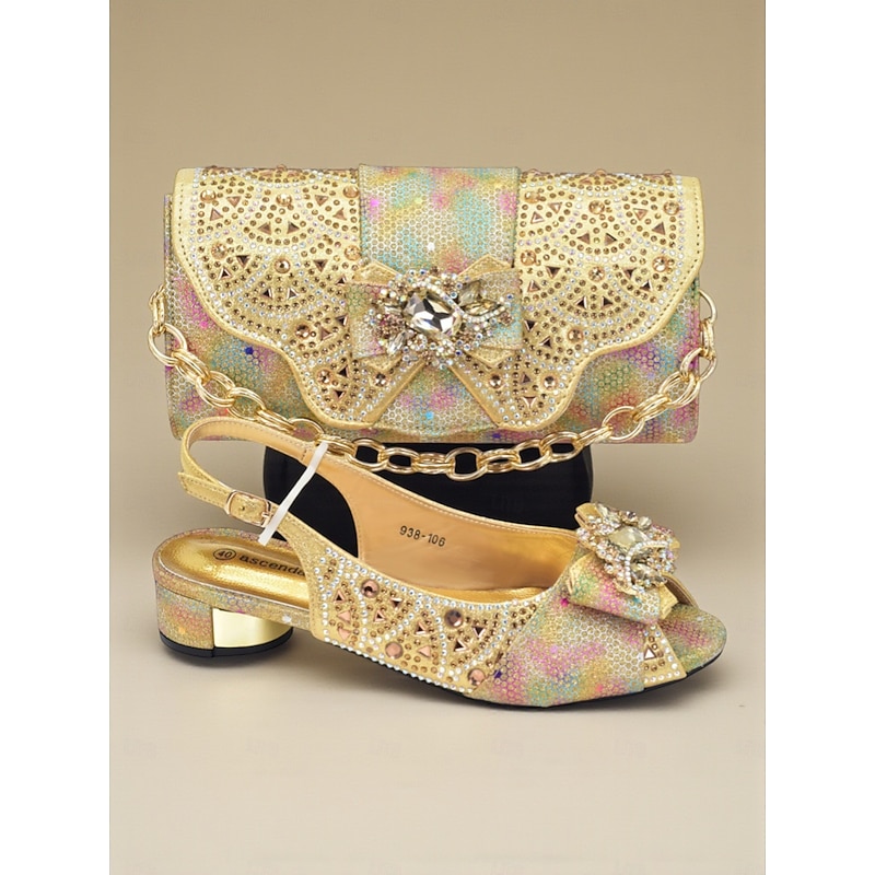 Women's Gold Rhinestone Slingback Heels and Matching Clutch Set, Sparkly Embellished Party Outfit for Cocktail Events