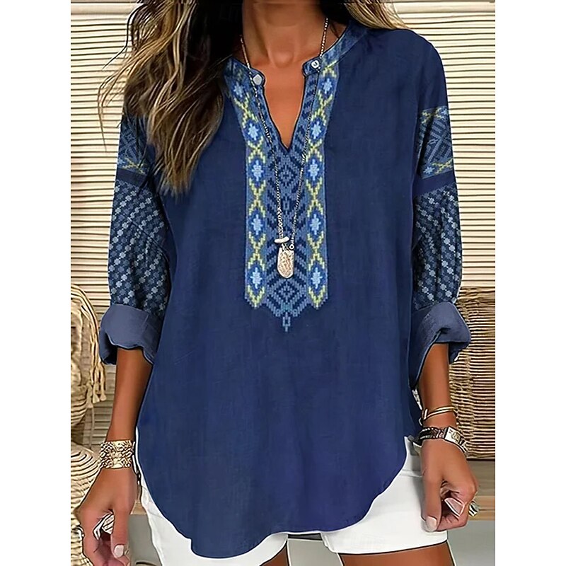 Women's Blouse Graphic Geometric Vintage Tropical Hawaiian Long Sleeve V Neck Regular Tops Daily Holiday Beach Wear Print Black Blue Camel Green Summer Spring4