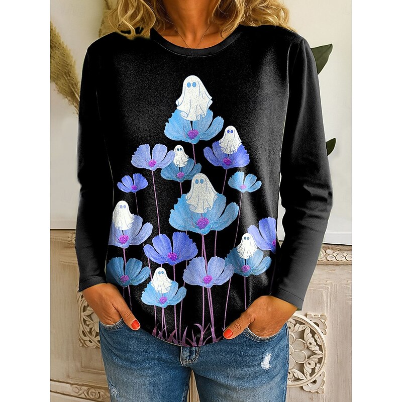 Halloween Women's T shirt Ghost Floral Graphic Vintage Fashion Stylish Long Sleeve Crew Neck Round Neck Regular Tops Daily Print Pink Blue Orange Green Fall Winter4