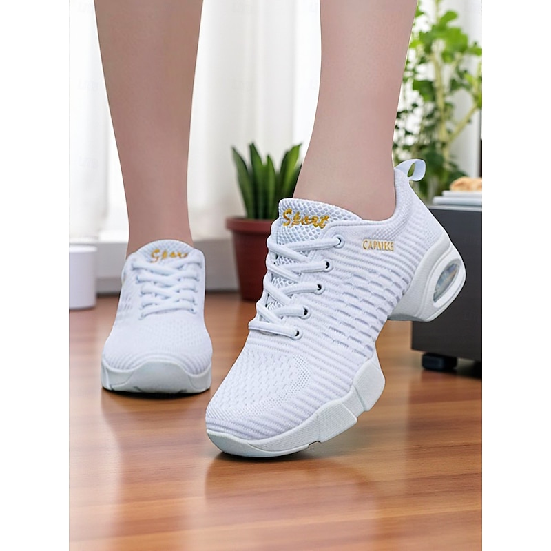 Women's White Jazz Dance Sneakers - Breathable Lace-Up Shoes for Practice, Performance & Fitness Dance Classes