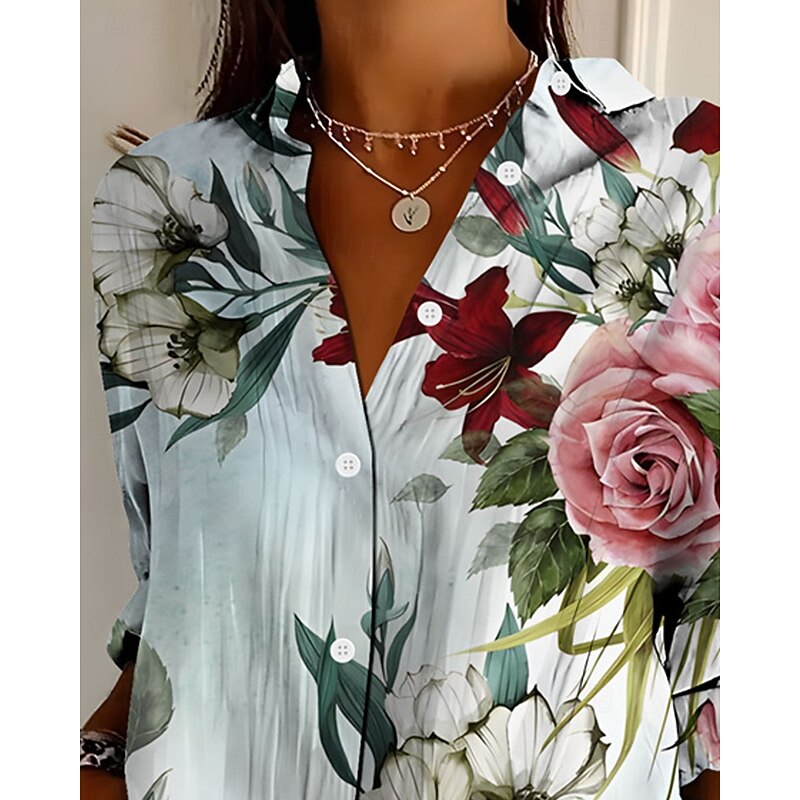 Women's Shirt Floral Active Daily Stylish Long Sleeve Shirt Collar Regular Tops Daily Holiday Buttons Print Light Blue Spring Fall2