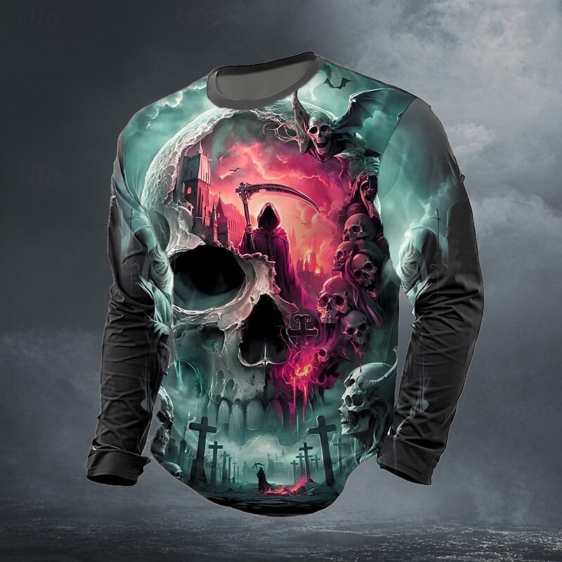 Halloween Men's Skull 3D T Shirt Long Sleeve T shirt 3D Print Crew Neck Shirt Fashion Exaggerated Street Casual Daily Blue Purple Green Summer Spring Fall Clothing Apparel S M L XL XXL XXXL3