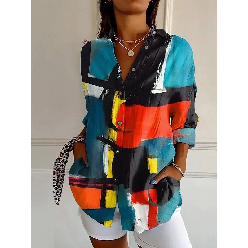Women's Shirt Graphic Geometric Abstract Vintage Daily Casual Long Sleeve Shirt Collar Regular Tops Daily Holiday Print Black Pink Red Blue Summer Spring