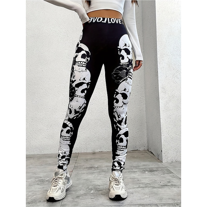 Women's Leggings Vacation Vintage Fashion Full Length High WaistPantsHalloween Graphic Skull Printing Soft Breathable Stretchy Outdoor Vacation Street Black White Black-white Spring Fall Winter Slim