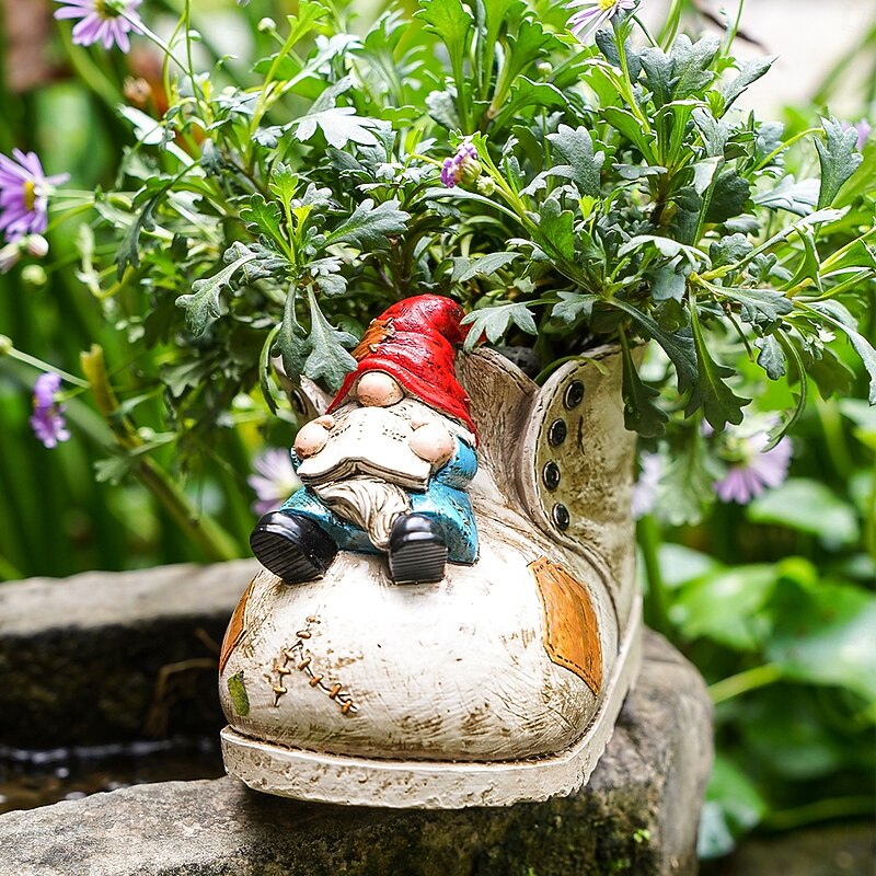 Boot-Shaped Gnome Succulent Planter – Colorful Hand-Painted Resin Flower Pot for Garden Décor, Patio Ornament & Mini Plant Growing