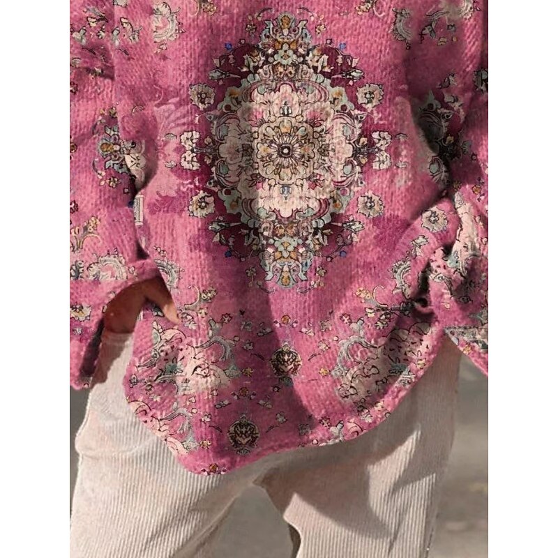 Women's Blouse Floral Vintage Ethnic Long Sleeve V Neck Long Tops Daily Holiday Print Pink Spring Fall Winter3
