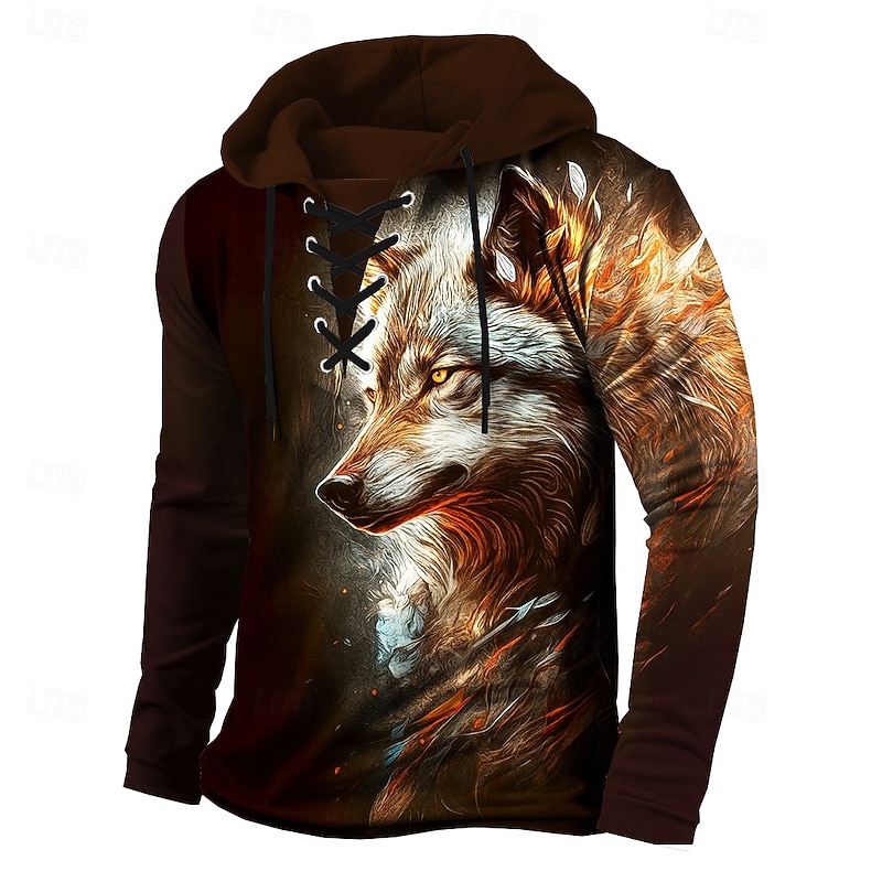 Men's Wolf 3D Print Hoodie Sweatshirt Stylish Vintage Retro Hooded Streetwear Yellow Blue Drawstring Fall Winter Designer4