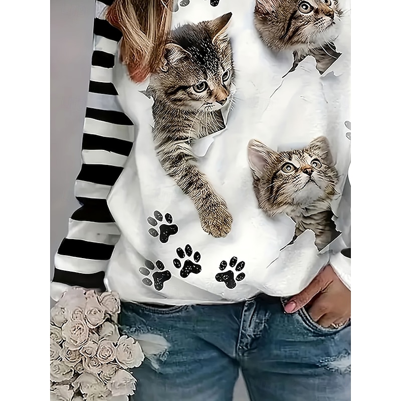Women's T shirt Long Sleeve Graphic Geometric Cat Vintage Stylish Classic Long Sleeve Crew Neck Round Neck Regular Tops Daily Print Black  Spring Fall Prefall3