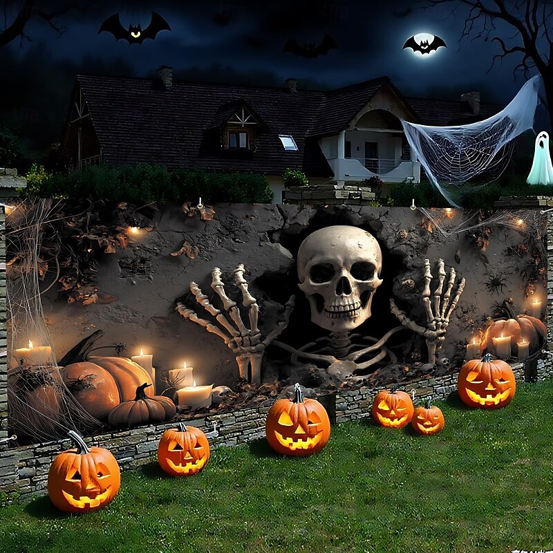 Halloween Garage Door Cover Large Hanging Backdrop Skeleton Grim Reaper Dark Punk Gothic Style Party Outdoor Shooting Backgrounds Yard Haunted House Home Decor3