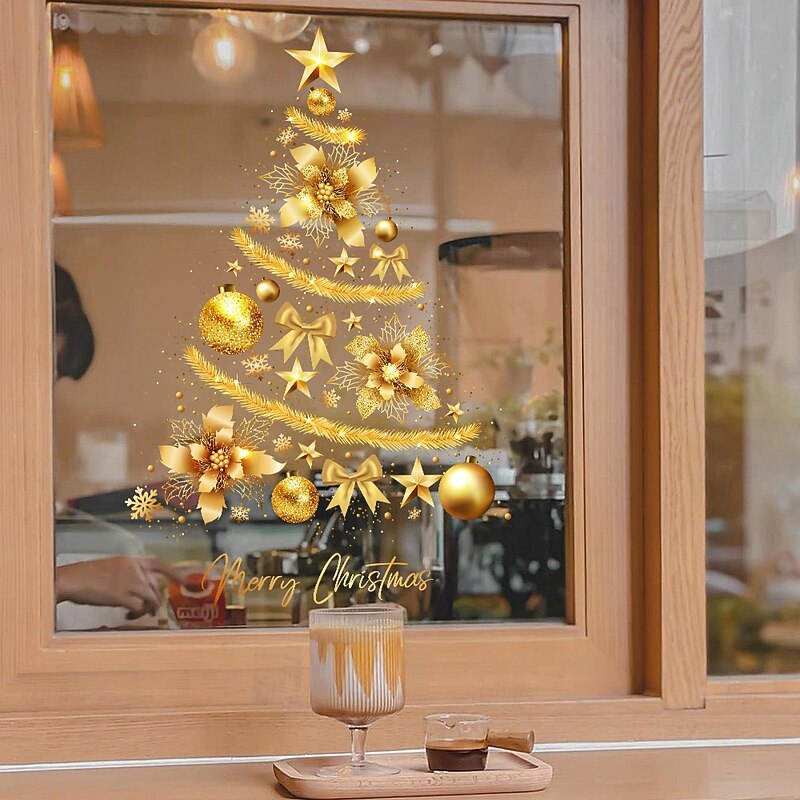 Christmas Window Clings Xmas Wall Sticker Set Holiday Decorations Gold Christmas Tree Balloon Static Clings Reusable Non Adhesive Festive Home Party Window Decor for Seasonal Fun3