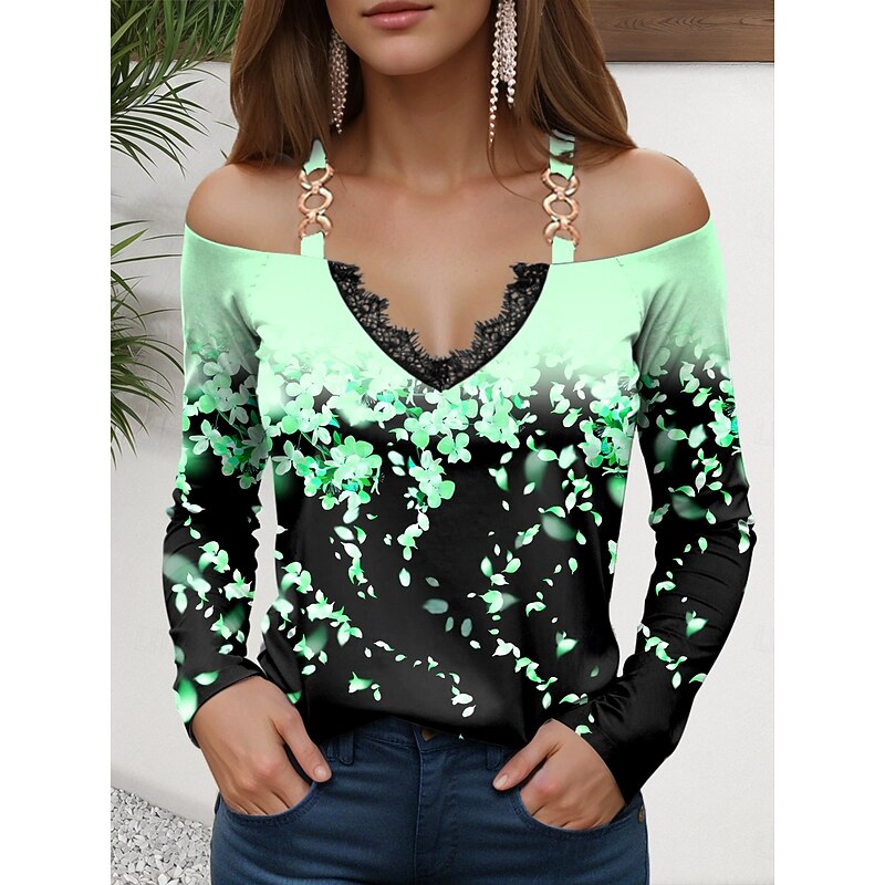 Women's T Shirt Ombre Floral Modern Long Sleeve Off Shoulder Regular Tops Daily Patchwork Print Yellow Pink Blue Purple Green Summer Spring2