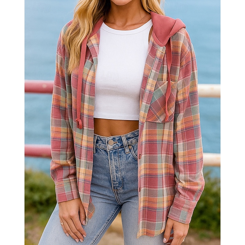 Women's Fall Outfits Shirts Jacket Coats Hooded Long Sleeve Top Athleisure Plaid Checkered Fashion Outdoor Travel Sports Sportswear Activewear Apricot Black Red