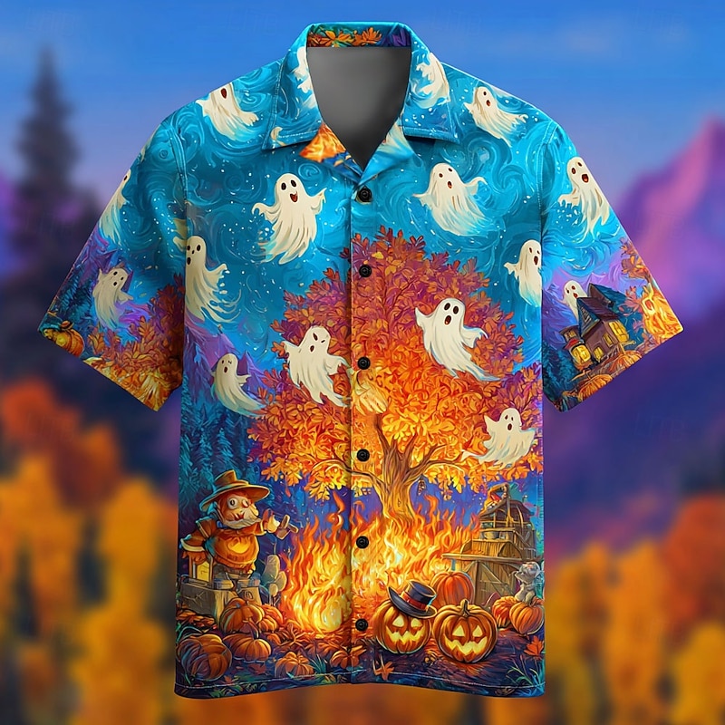 Halloween Men's Pumpkin Ghost Fire Shirt Cuban Collar Shirt Button Up Shirt Short Sleeve Dark Punk Gothic Style Holiday Streetwear Summer Camp Collar Shirt 3D Print Red Blue Green