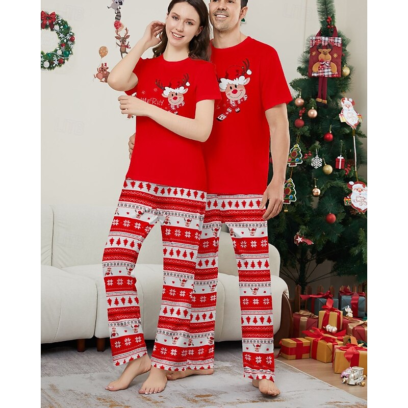 Family Pajamas Christmas Pattern Home Print Red Short Sleeve Active Matching Outfits4