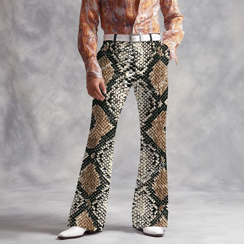 Men's Snake Skin Pattern Disco Pants 60s 70s Bell Bottoms Mid Waist Vintage Retro Outdoor Vacation Party Side Pockets Flared Leg Pants Trousers Spring Fall 3D Print Black White Gold3