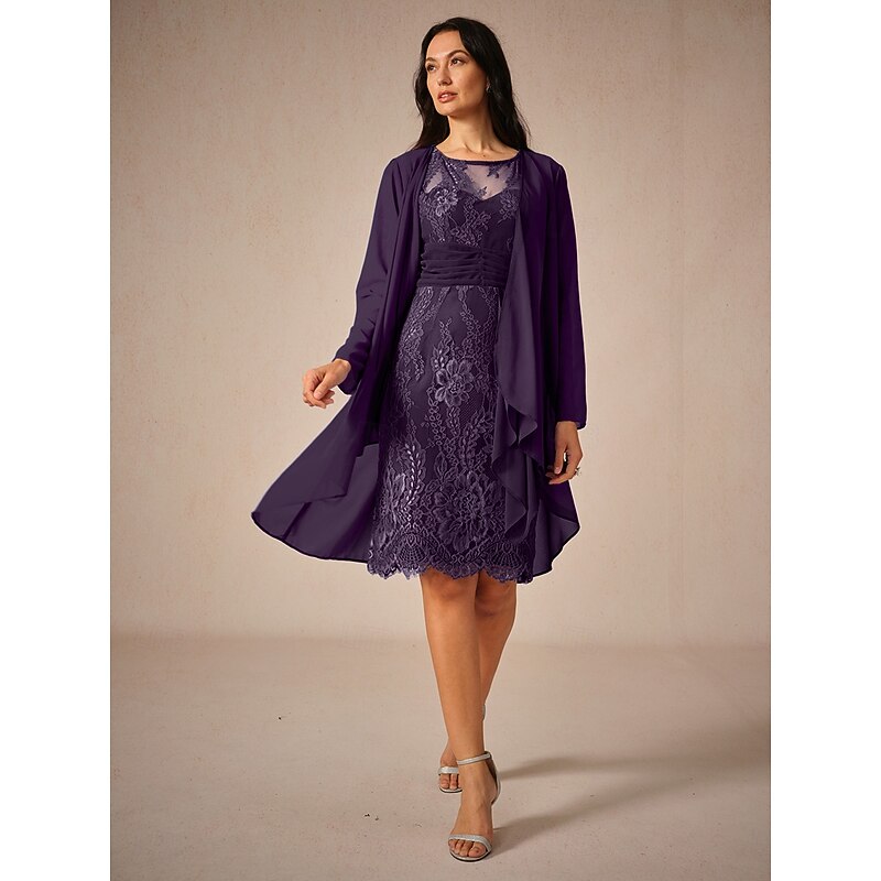 Women's Wedding Guest Jacket Dress Lace Dress Chiffon Dress Set Cocktail Dresses Formal Dresses Cardigan Ruched Long Sleeve Cocktail Party Blue Spring Summer Fall