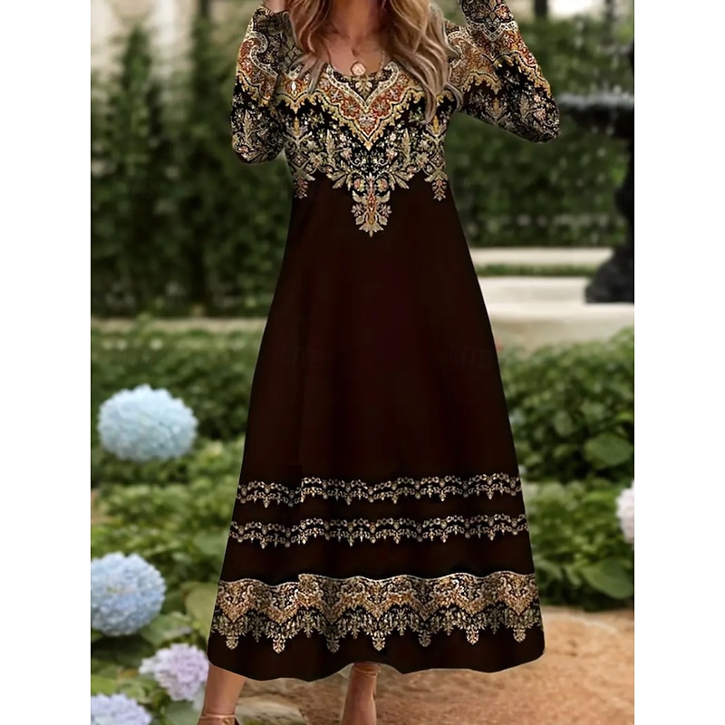 Women's Maxi Dress Sheath Dress T Shirt Dress Tee Dress Vacation Casual Boho Holiday Date Regular Fit Graphic Geometric Tribal Long Sleeve Crew Neck Dark Brown Black Red Blue Spring Fall