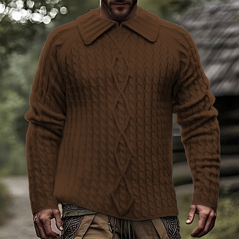 Men's Pullover Sweater Jumper Knit Sweater Cable Knit Regular Tops Knitted Plain Lapel Fashion Basic Vacation Daily Wear Clothing Apparel Fall Winter Wine Black S M L3