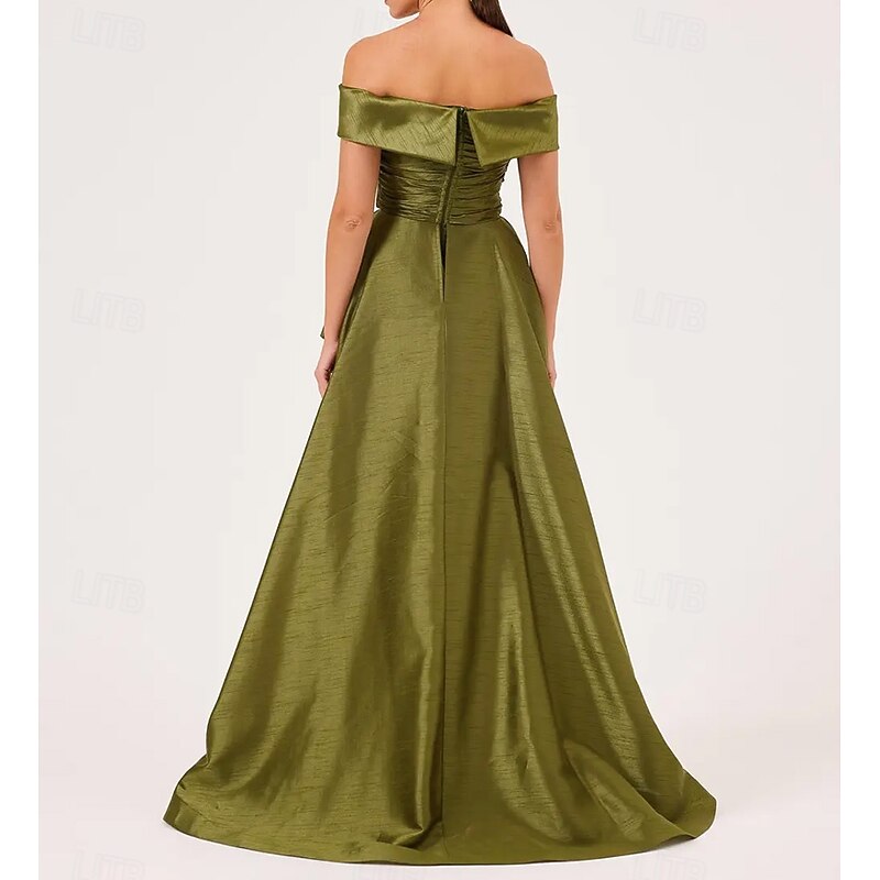 Off Shoulder Formal A-Line Evening Gown Stretch Tafetta Celebrity Style Dress Formal Wedding Floor Length Sleeveless  with Pleats Ruched Ruffles Slits3