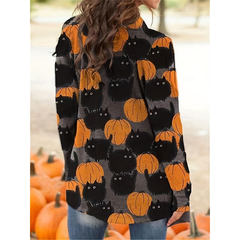 Halloween Women's Casual Jacket Lightweight Comfortable Black Cat Print Active Vintage Artistic Casual Black Cat Casual Short Collarless Regular Fit Long Sleeve Outerwear Orange Spring Fall2