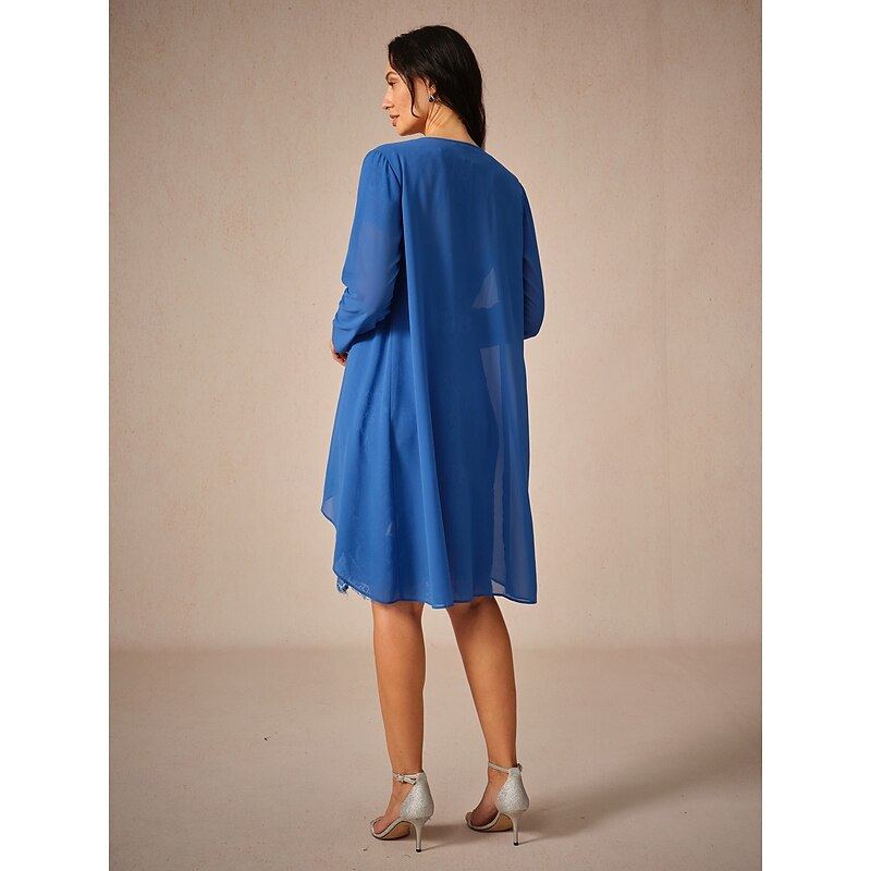 Women's Wedding Guest Jacket Dress Lace Dress Chiffon Dress Cocktail Dresses Formal Dresses Cardigan Ruched Long Sleeve Cocktail Party Blue Spring Summer Fall4