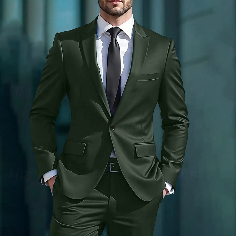Men's Wedding Business Wedding Suits Peaked Lapel Dark Green Business Formal Solid Colored Slim Fit 3 Piece Single Breasted One-button