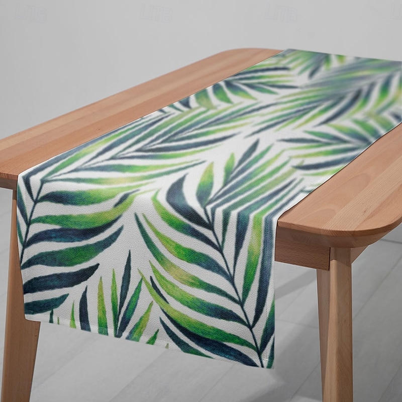 1PC Green Plants Leaves Table Runner Table Flag - Digital Printed Rectangular Tablecloth for Restaurant, Banquet, Garden Party Decoration (33x180cm/13x70.5in)