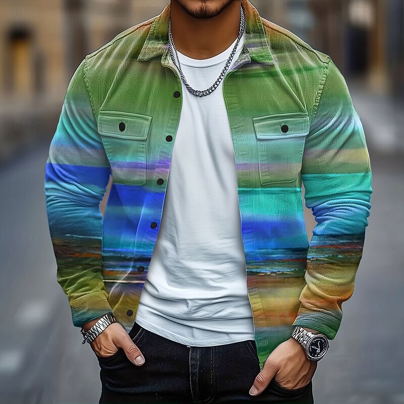 Men's Rainbow Color-blocking Corduroy Shirt Shirt Jacket Overshirt Long Sleeve Casual Outdoor Dailywear Fall Winter Turndown Button-Down Warm Jacket with Flap Pockets Yellow Orange Green4