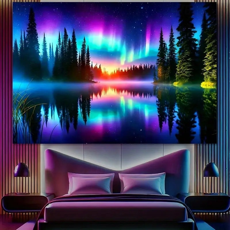 Aurora Halo and Lake Reflection backdrop Wall Tapestry 3D Wall Art for a Serene, Modern Atmosphere, Perfect for Living Room, Office, or Meditation Space2