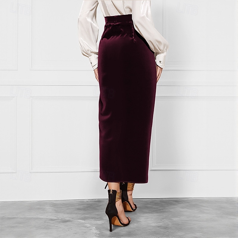 Women's Skirt Elegant Vintage Fashion Sexy Midi Mid Waist Skirts Plain Ruched Split Ends Micro-elastic School Christmas claret Spring Polyester Velvet4
