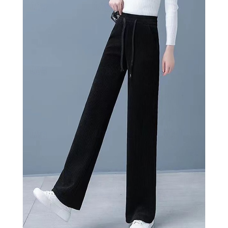 Women's Corduroy Pants Slacks Straight Streetwear Casual Full Length Natural Plain Elastic Drawstring Design Comfortable Street Holiday Weekend Dark-Gray Black Khaki Fall Regular Fit4