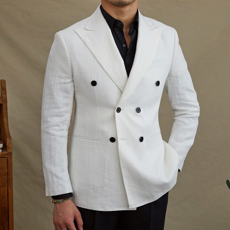 Men's Linen Blazer Blazer Business Cocktail Party Wedding Party Fashion Casual Spring Fall 30% Linen 60% Polyester Plain Pocket Buttons Comfortable Double Breasted Blazer Black White Brown Green