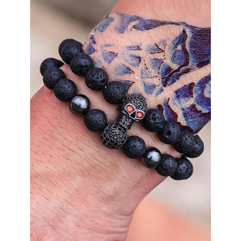 Men's Halloween Skull Beaded Bracelet Set — Natural Lava Stone & Hematite, 2-Piece Stretch Stack with Red-Eye Skull Charm, Gothic Punk for Costume Parties, Cosplay & Daily Wear