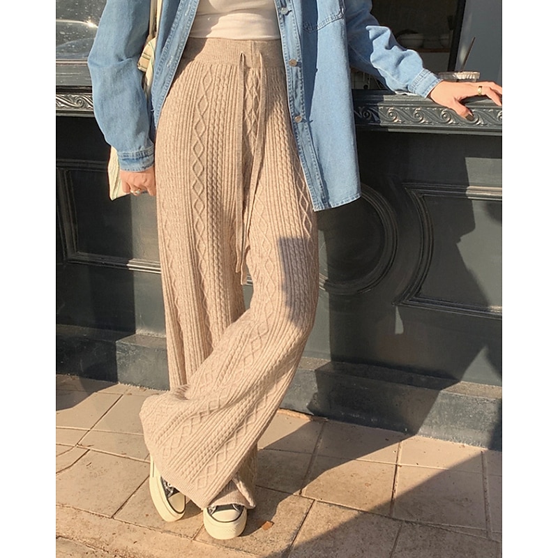 Women's Wide Leg Corduroy Pants Slacks Streetwear Casual Full Length Natural Plain Knitted Elastic Drawstring Design Soft Street Holiday Daily Wear Camel Apricot Grey Black Fall Regular Fit