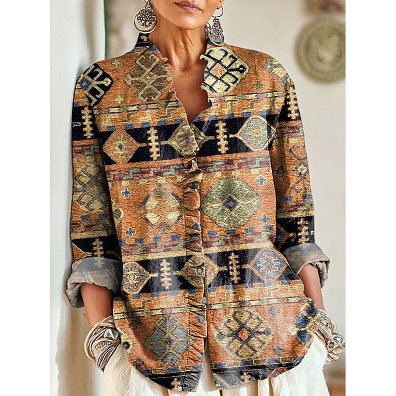 Women's Boho Shirt Floral Elegant Bohemia Active Long Sleeve V Neck Work Daily Holiday Ruched Ruffle Pink Purple Brown Green Khaki Spring Fall2