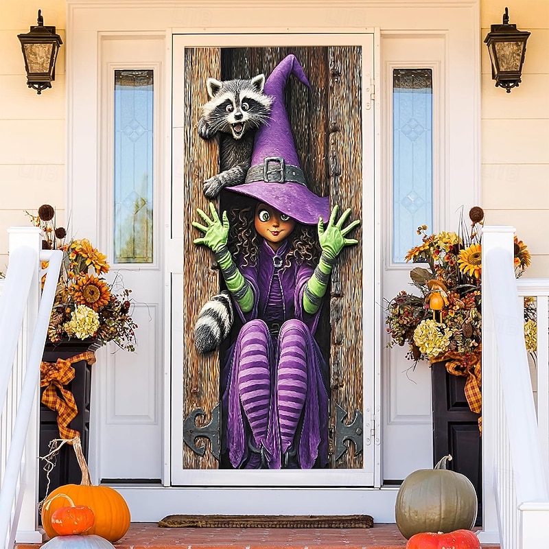 Halloween Door Cover Outdoor Banners Witch Psychedelic Dark Punk Gothic Style Party Outdoor Shooting Backgrounds Front Door Wall Porch Home Decor4