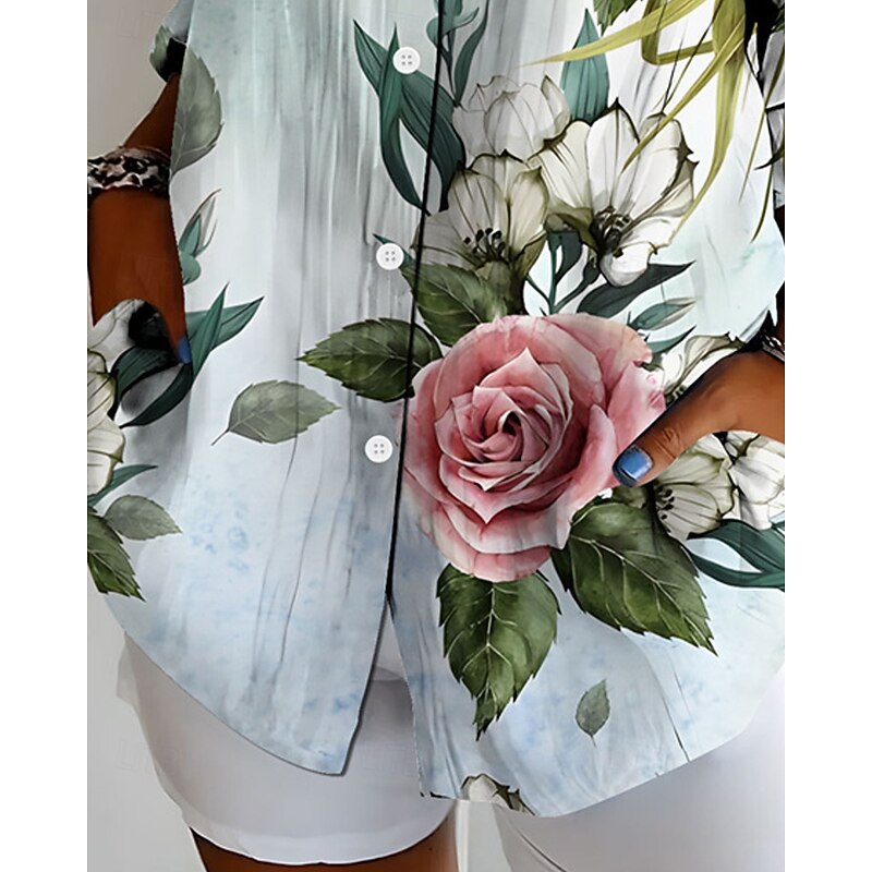 Women's Shirt Floral Active Daily Stylish Long Sleeve Shirt Collar Regular Tops Daily Holiday Buttons Print Light Blue Spring Fall3
