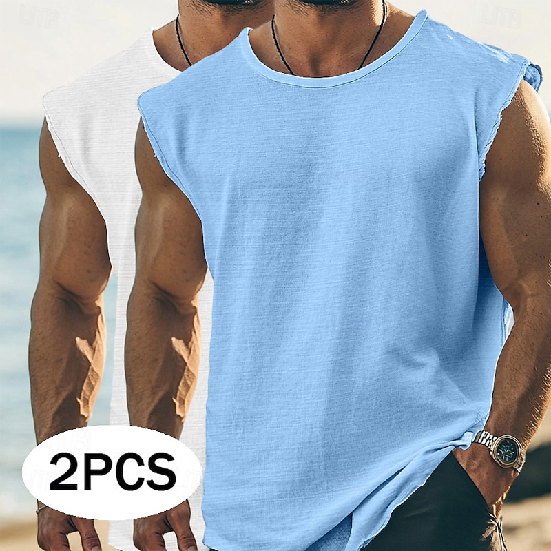 Men's T Shirt Sleeveless Short Sleeve Cap Sleeve Crew Neck Round Neck Summer Plain Textured Fashion Classic Casual 2 Piece Plain Street Casual Sports Green & White White+White White+Blue Top Tee for