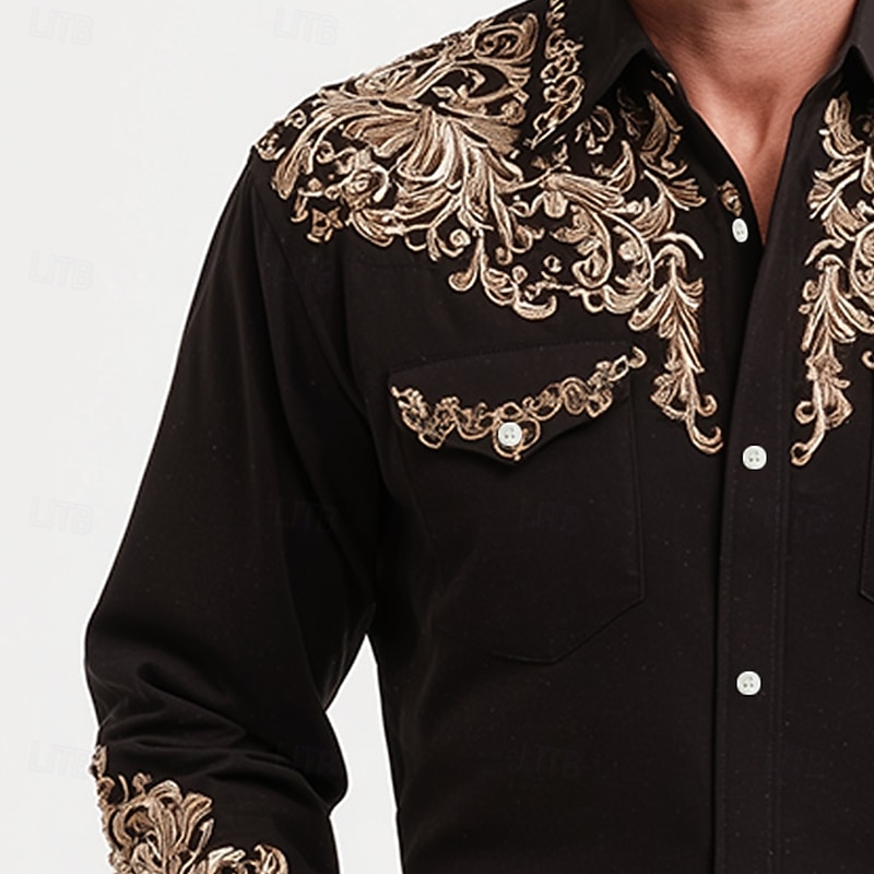 Men's Scroll Floral Print Ethnic Shirt Western Shirt Cowboy Shirt Long Sleeve Vintage Retro Outdoor Casual WorkWear Spring Fall Turndown Front Two Pockets Linen Like Shirt Button Up Shirts Black2