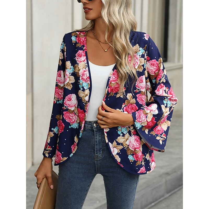 Women's Casual Jacket Comfortable Breathable Print Casual Floral Vacation Street Casual Daily Wear Open Front Short Collarless Regular Fit Long Sleeve Outerwear Navy Summer Spring3